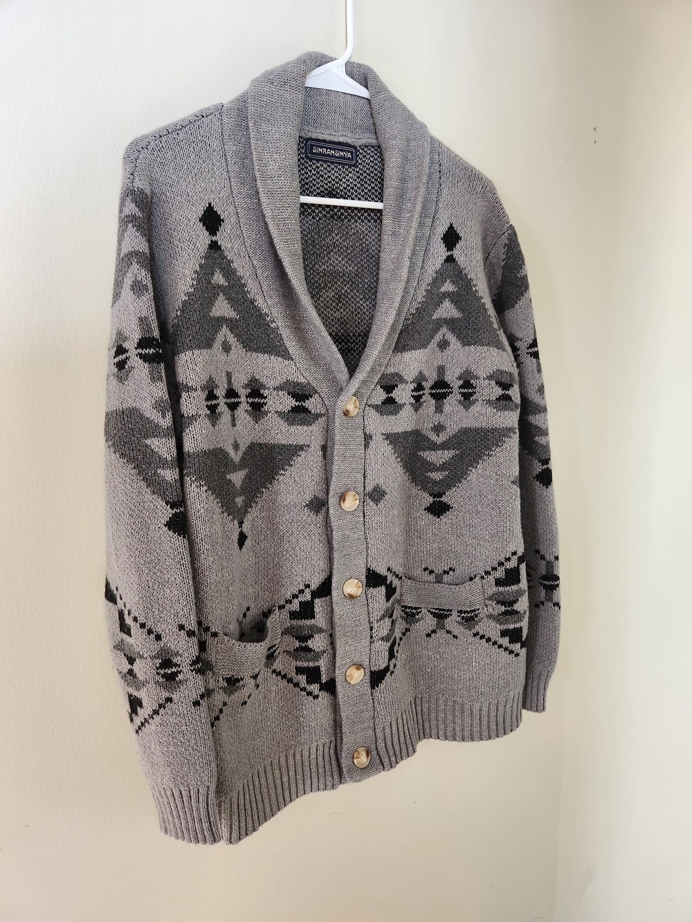 Shawl Collar Gray Patterned Womens  Cardigan Sweater L Large